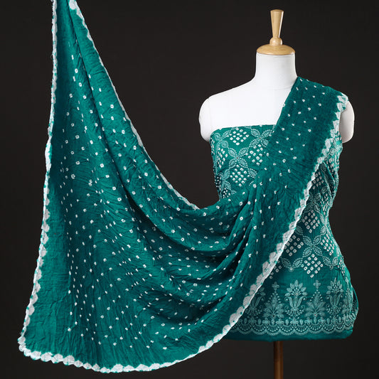 Green - 3pc Kutch Bandhani Tie-Dye Mirror Work Satin Cotton Suit Material Set 50