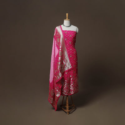 Bandhani Modal Silk Nakshi Zari Work Unstitched Dress Material Set: Kurta,Bottom & Dupatta 02