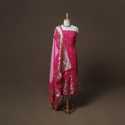 Bandhani Modal Silk Nakshi Zari Work Unstitched Dress Material Set: Kurta,Bottom & Dupatta 02