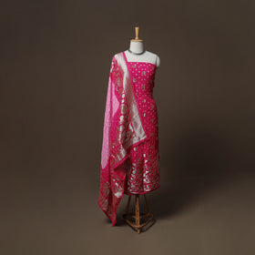 Bandhani Modal Silk Nakshi Zari Work Unstitched Dress Material Set: Kurta,Bottom & Dupatta 02