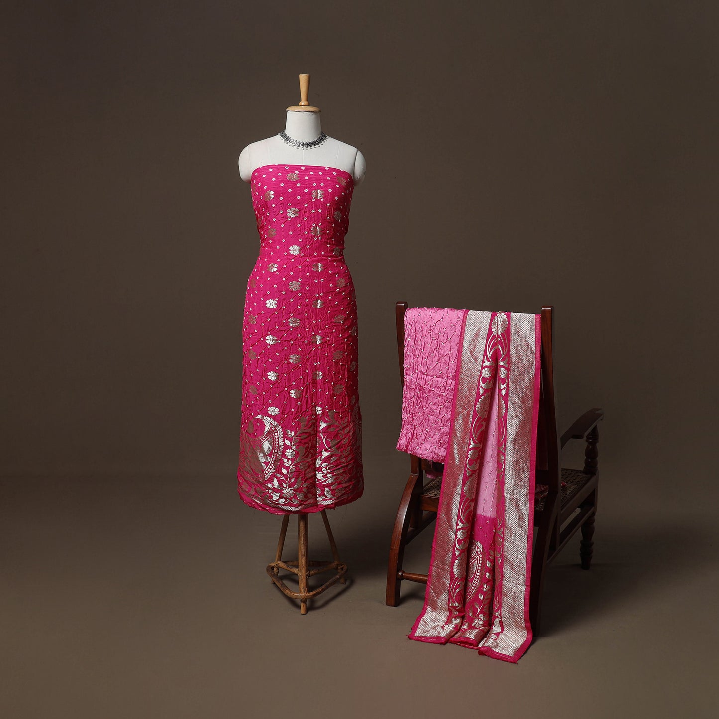 Bandhani Modal Silk Nakshi Zari Work Unstitched Dress Material Set: Kurta,Bottom & Dupatta 02