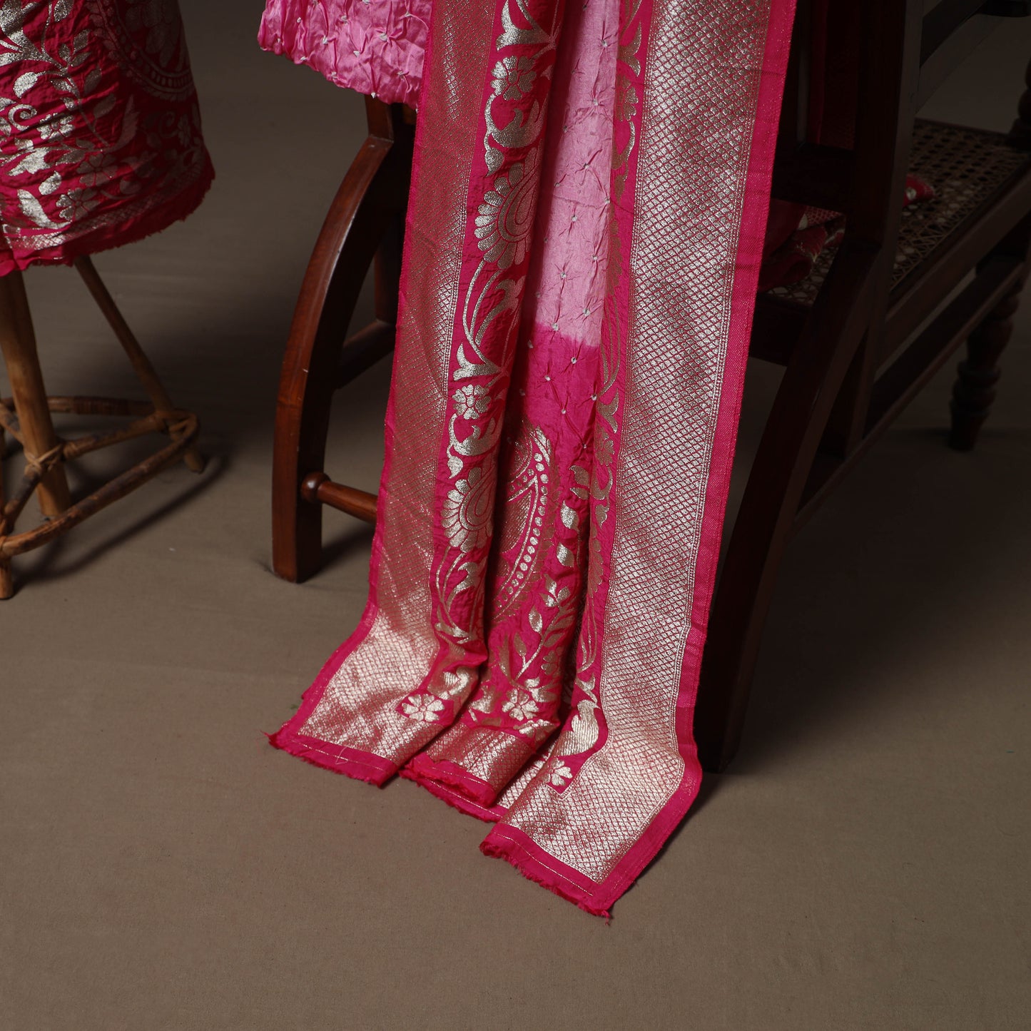 Bandhani Modal Silk Nakshi Zari Work Unstitched Dress Material Set: Kurta,Bottom & Dupatta 02