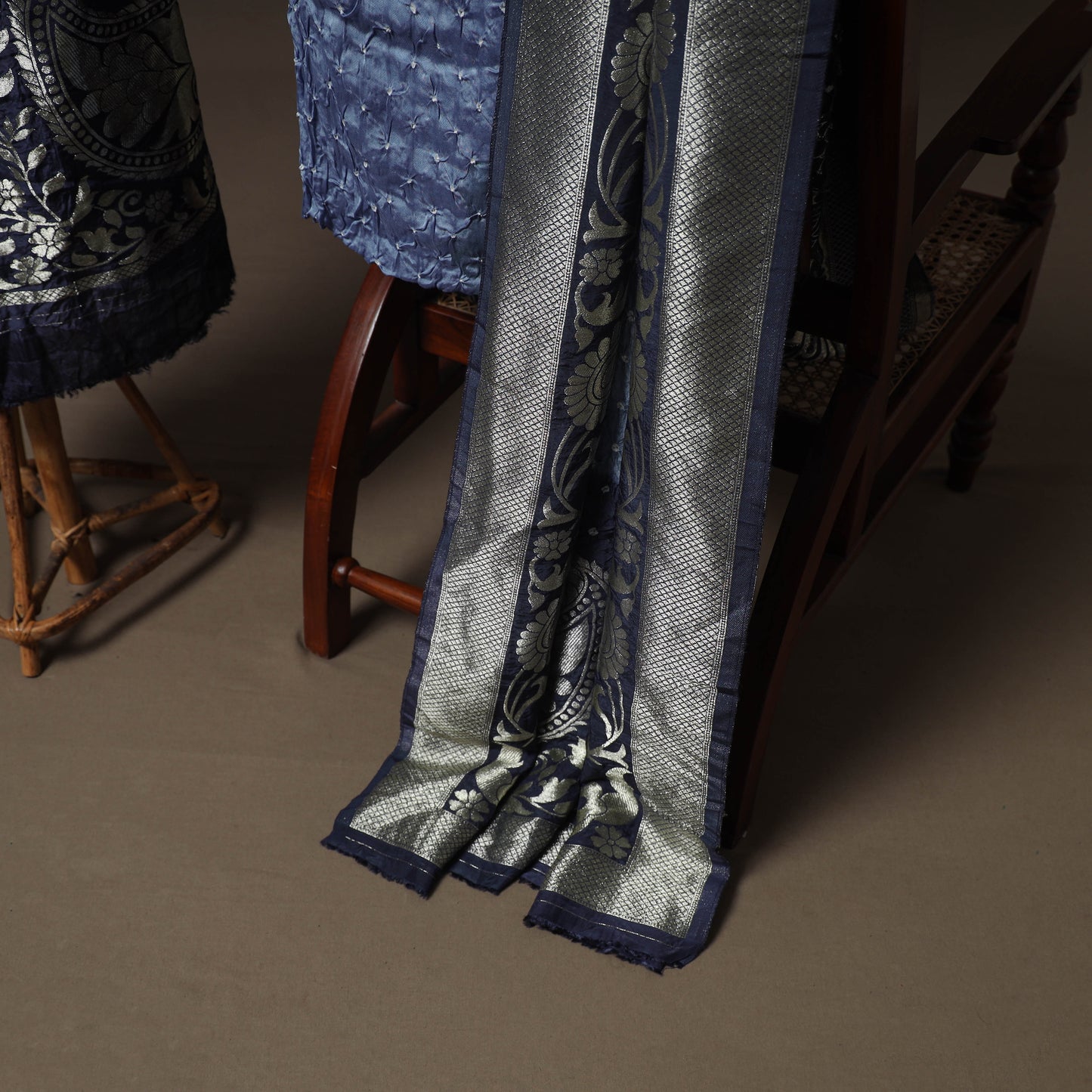 Bandhani Modal Silk Nakshi Zari Work Unstitched Dress Material Set: Kurta,Bottom & Dupatta 03