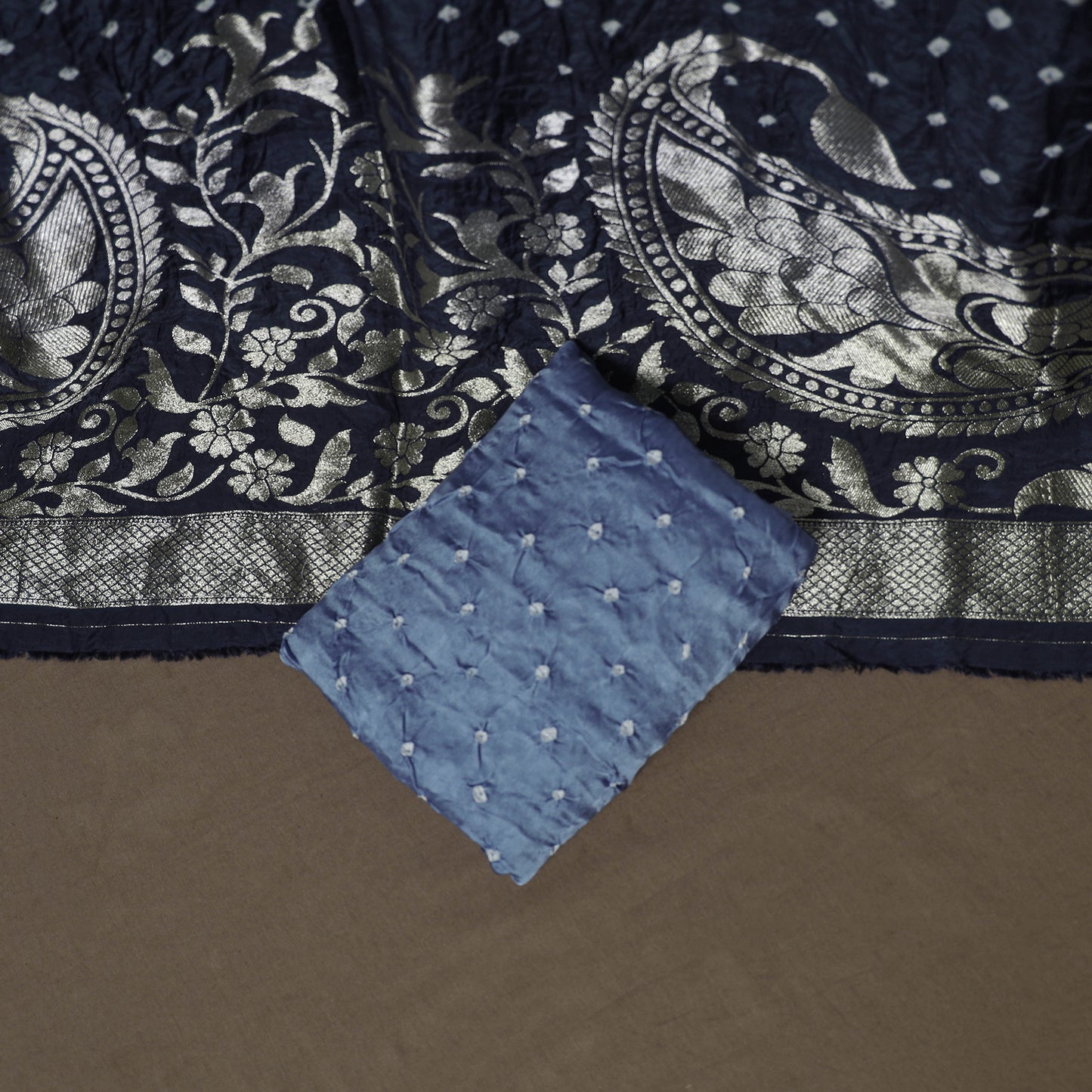 Bandhani Modal Silk Nakshi Zari Work Unstitched Dress Material Set: Kurta,Bottom & Dupatta 03