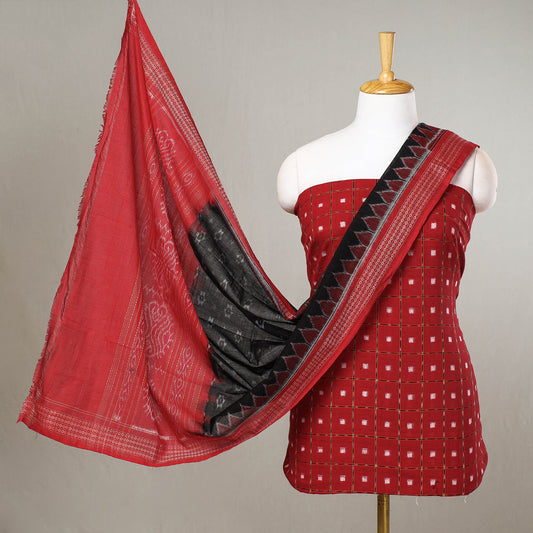 Red - 3pc Sambalpuri Ikat Weave Handloom Cotton Suit Material Set