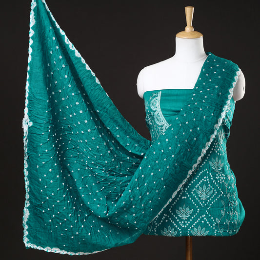 Green - 3pc Kutch Bandhani Tie-Dye Sequin Work Satin Cotton Suit Material Set 55
