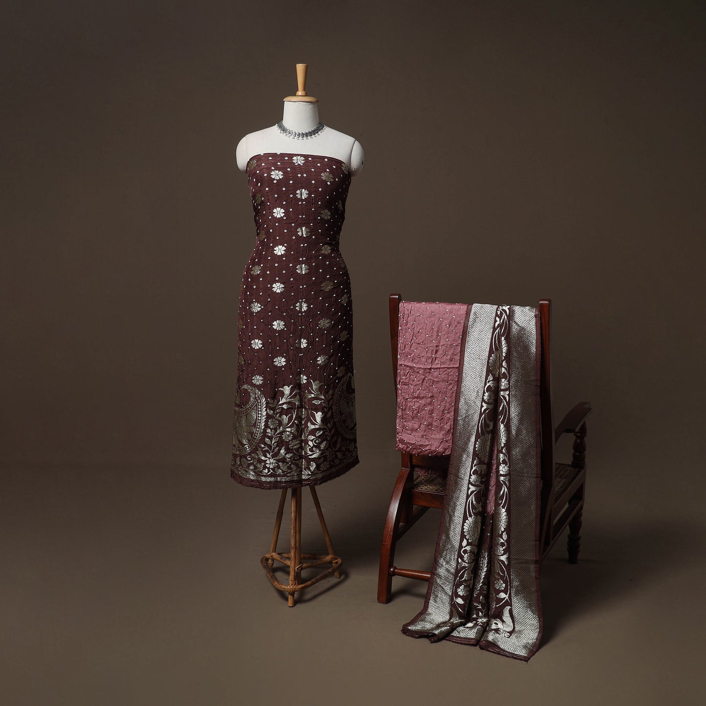 Bandhani Modal Silk Nakshi Zari Work Unstitched Dress Material Set: Kurta,Bottom & Dupatta 04