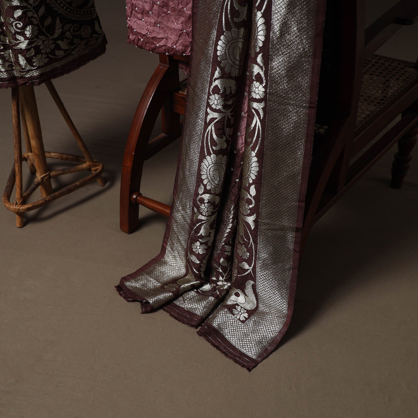 Bandhani Modal Silk Nakshi Zari Work Unstitched Dress Material Set: Kurta,Bottom & Dupatta 04