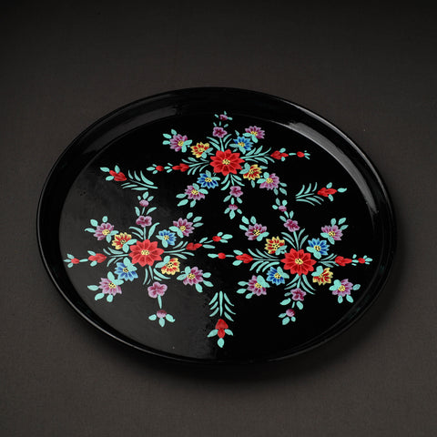  Floral Black Handpainted Enamelware Stainless Steel Plate 