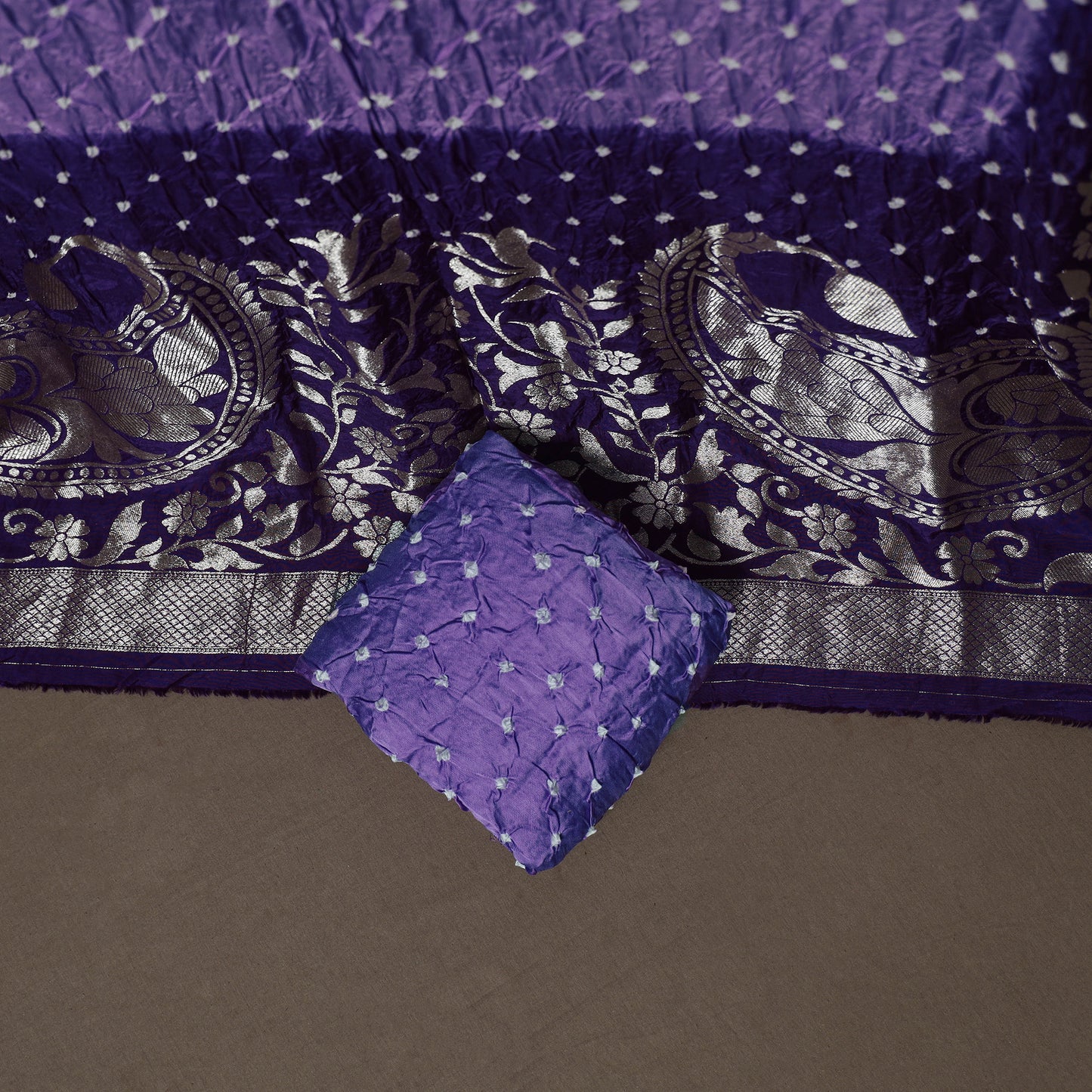 Bandhani Modal Silk Nakshi Zari Work Unstitched Dress Material Set: Kurta,Bottom & Dupatta 05