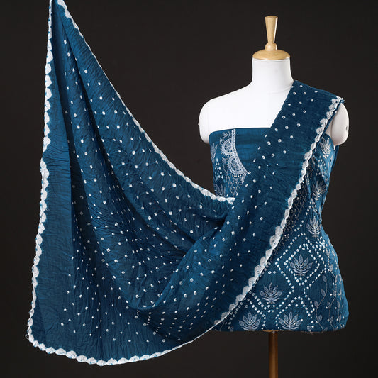 Blue - 3pc Kutch Bandhani Tie-Dye Sequin Work Satin Cotton Suit Material Set 58