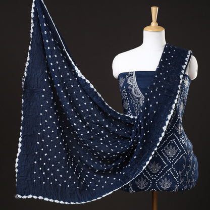 Blue - 3pc Kutch Bandhani Tie-Dye Sequin Work Satin Cotton Suit Material Set 60