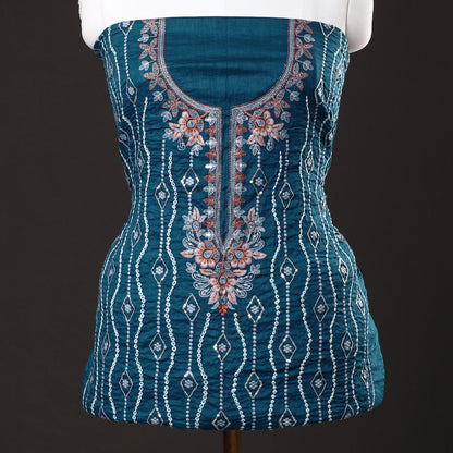 Blue - 3pc Kutch Bandhani Tie-Dye Sequin Work Satin Cotton Suit Material Set 62