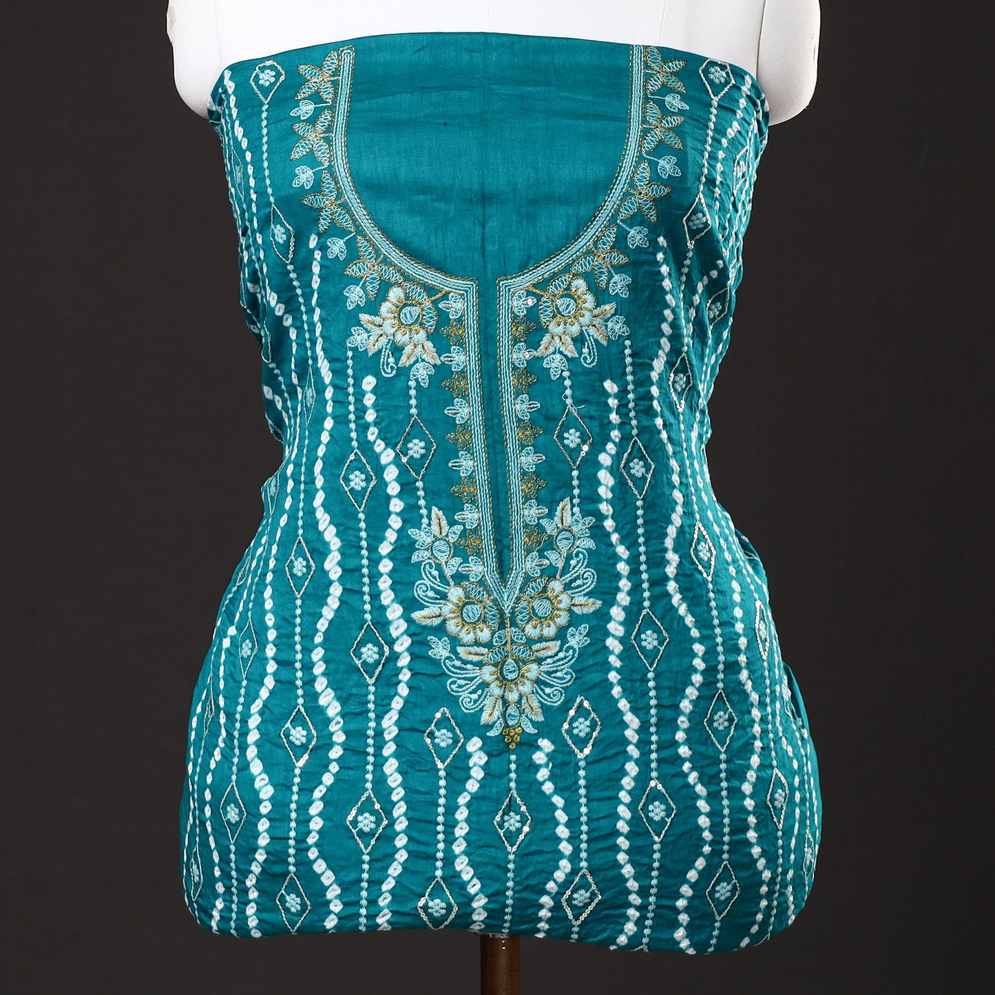 Green - 3pc Kutch Bandhani Tie-Dye Sequin Work Satin Cotton Suit Material Set 63