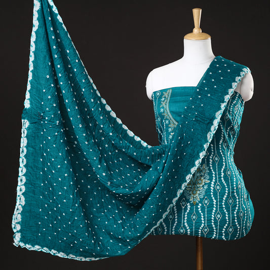 Green - 3pc Kutch Bandhani Tie-Dye Sequin Work Satin Cotton Suit Material Set 63