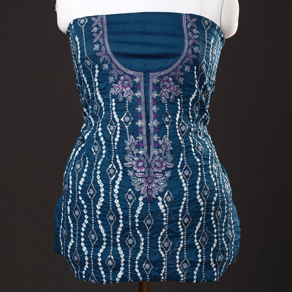 Blue - 3pc Kutch Bandhani Tie-Dye Sequin Work Satin Cotton Suit Material Set 64
