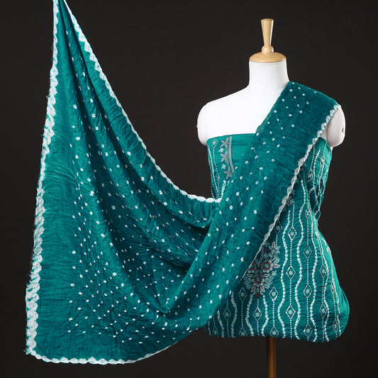 Green - 3pc Kutch Bandhani Tie-Dye Sequin Work Satin Cotton Suit Material Set 66