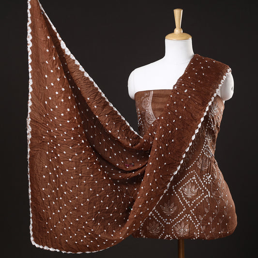 Brown - 3pc Kutch Bandhani Tie-Dye Sequin Work Satin Cotton Suit Material Set 67