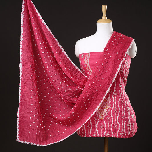 Pink - 3pc Kutch Bandhani Tie-Dye Sequin Work Satin Cotton Suit Material Set 68