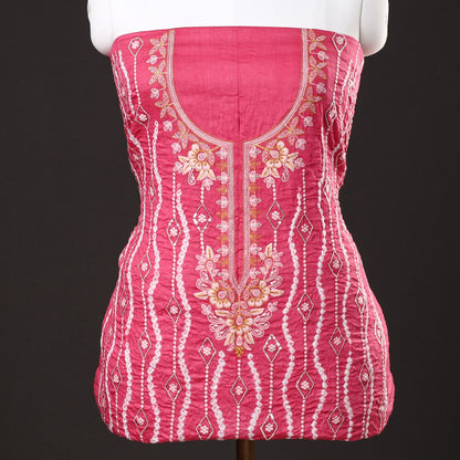 Pink - 3pc Kutch Bandhani Tie-Dye Sequin Work Satin Cotton Suit Material Set 68