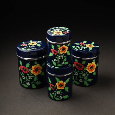 Floral Blue Handpainted Enamelware Stainless Steel Container 