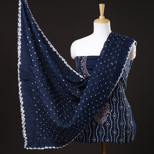 Blue - 3pc Kutch Bandhani Tie-Dye Sequin Work Satin Cotton Suit Material Set 69