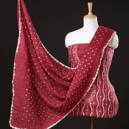Red - 3pc Kutch Bandhani Tie-Dye Sequin Work Satin Cotton Suit Material Set 70