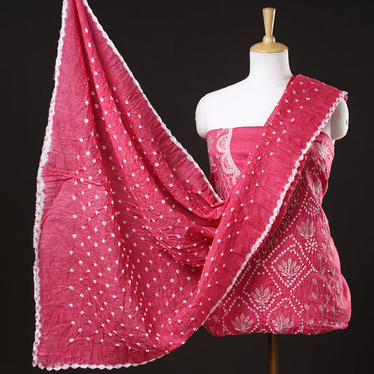 Pink - 3pc Kutch Bandhani Tie-Dye Sequin Work Satin Cotton Suit Material Set 71