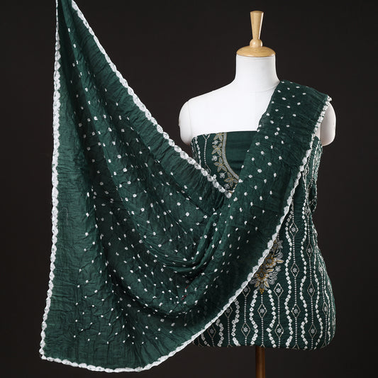 Green - 3pc Kutch Bandhani Tie-Dye Sequin Work Satin Cotton Suit Material Set 72