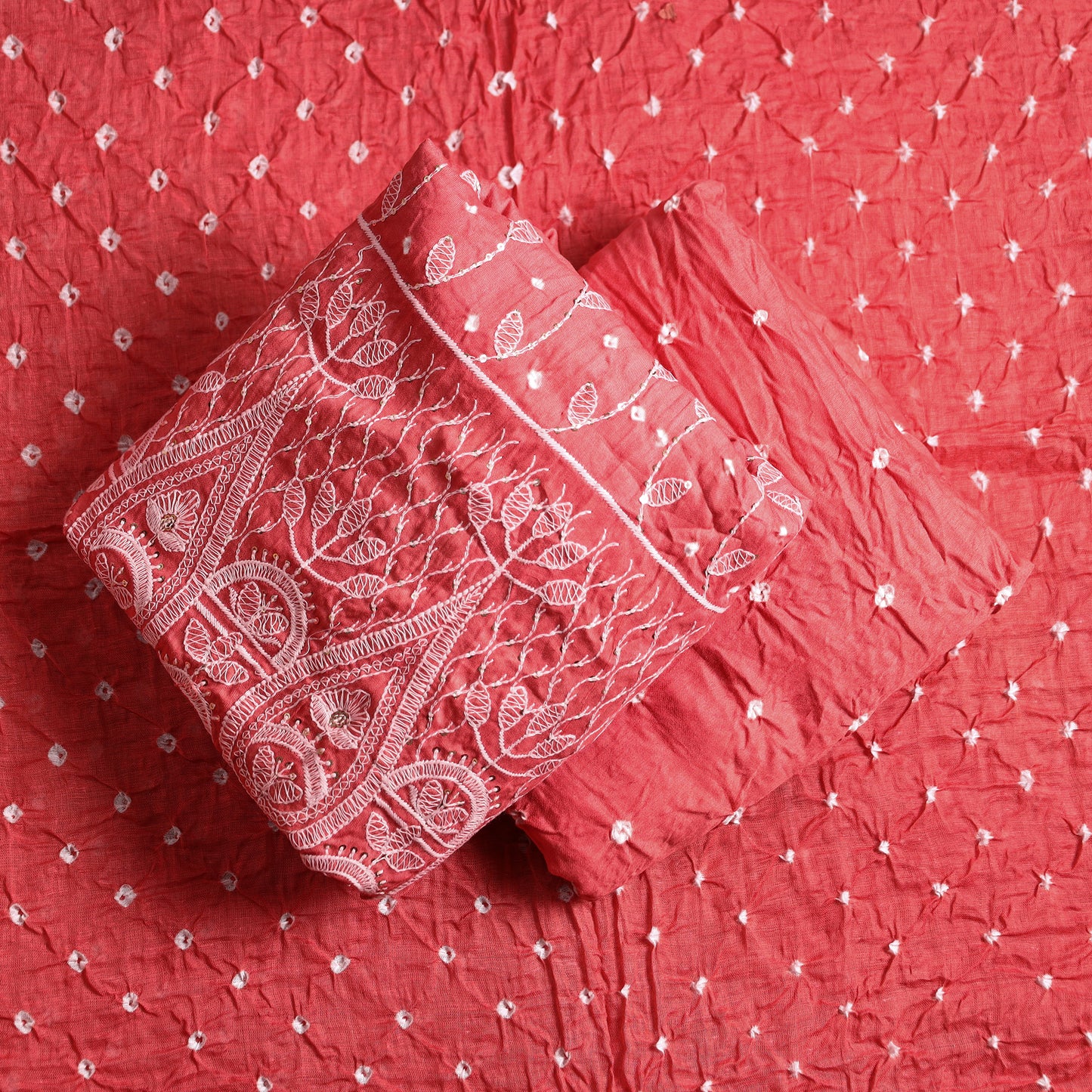 Red - 3pc Kutch Bandhani Tie-Dye Sequin Work Satin Cotton Suit Material Set 61