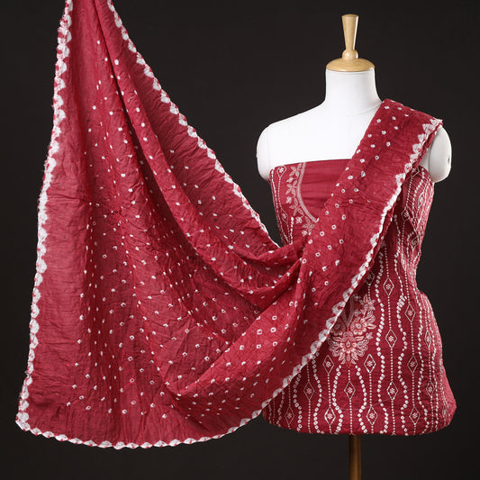 Red - 3pc Kutch Bandhani Tie-Dye Sequin Work Satin Cotton Suit Material Set 74