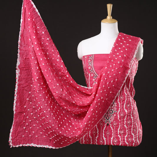 Pink - 3pc Kutch Bandhani Tie-Dye Sequin Work Satin Cotton Suit Material Set 76