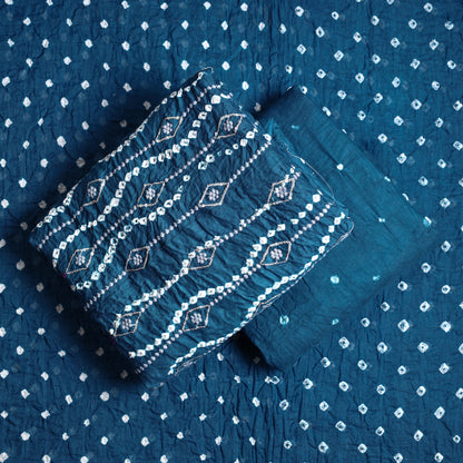 Blue - 3pc Kutch Bandhani Tie-Dye Sequin Work Satin Cotton Suit Material Set 64