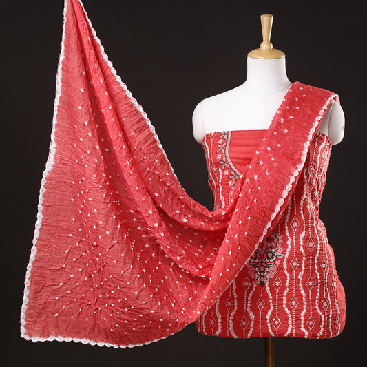 Orange - 3pc Kutch Bandhani Tie-Dye Sequin Work Satin Cotton Suit Material Set 78