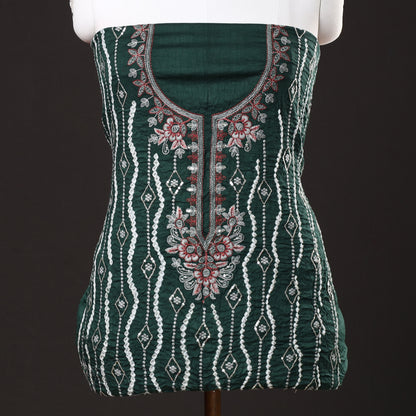Green - 3pc Kutch Bandhani Tie-Dye Sequin Work Satin Cotton Suit Material Set 79