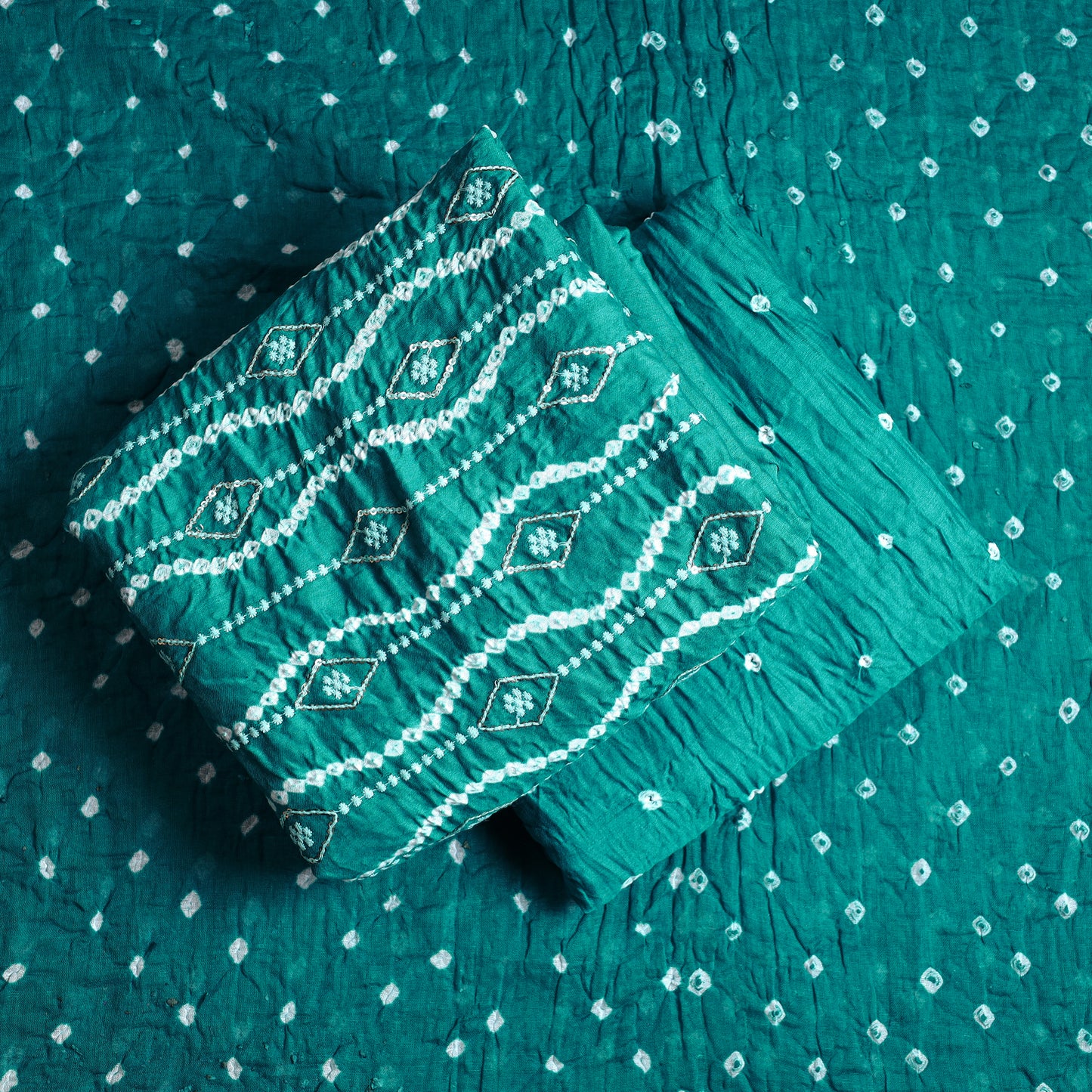Green - 3pc Kutch Bandhani Tie-Dye Sequin Work Satin Cotton Suit Material Set 66