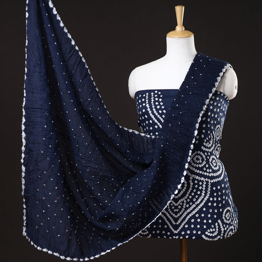 Blue - 3pc Kutch Bandhani Tie-Dye Satin Cotton Suit Material Set 89
