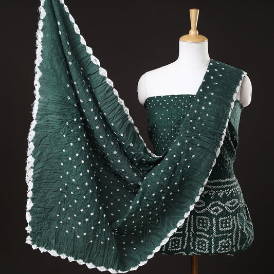 Green - 3pc Kutch Bandhani Tie-Dye Satin Cotton Suit Material Set 88