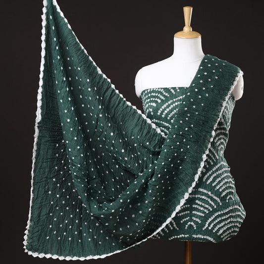 Green - 3pc Kutch Bandhani Tie-Dye Satin Cotton Suit Material Set 87