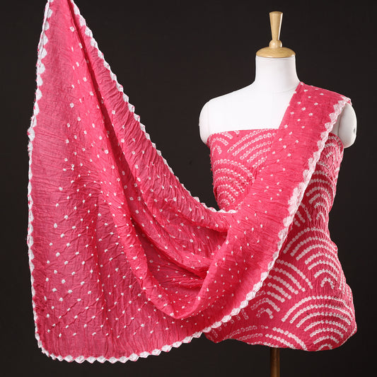 Pink - 3pc Kutch Bandhani Tie-Dye Satin Cotton Suit Material Set 82
