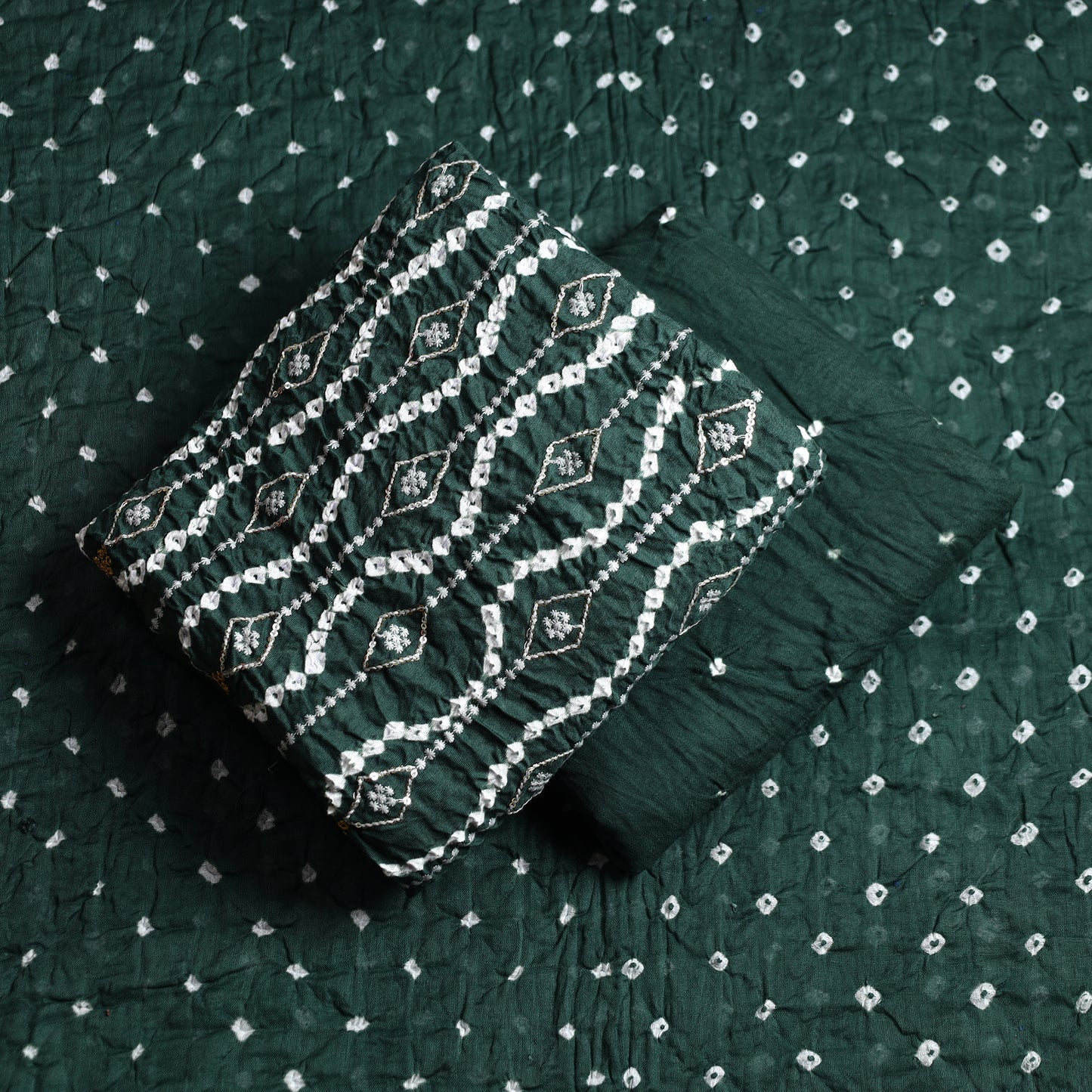 Green - 3pc Kutch Bandhani Tie-Dye Sequin Work Satin Cotton Suit Material Set 72