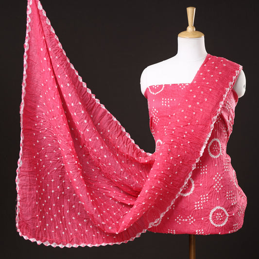 Pink - 3pc Kutch Bandhani Tie-Dye Satin Cotton Suit Material Set 83