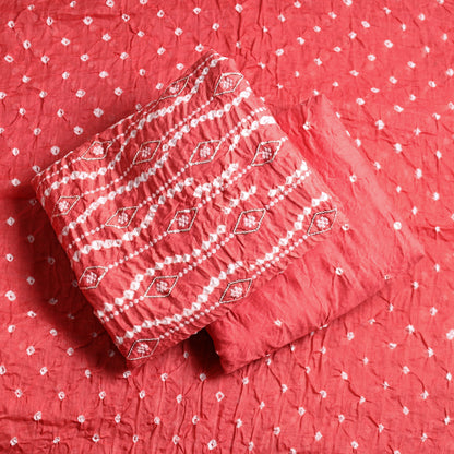 Red - 3pc Kutch Bandhani Tie-Dye Sequin Work Satin Cotton Suit Material Set 73