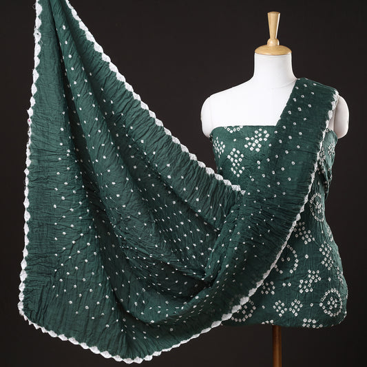 Green - 3pc Kutch Bandhani Tie-Dye Satin Cotton Suit Material Set 85