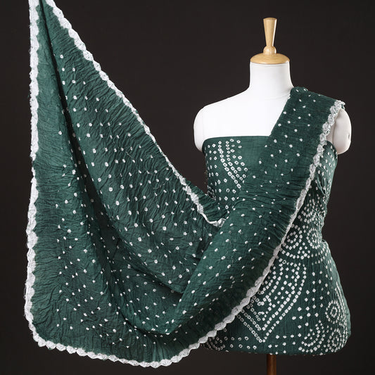 Green - 3pc Kutch Bandhani Tie-Dye Satin Cotton Suit Material Set 86