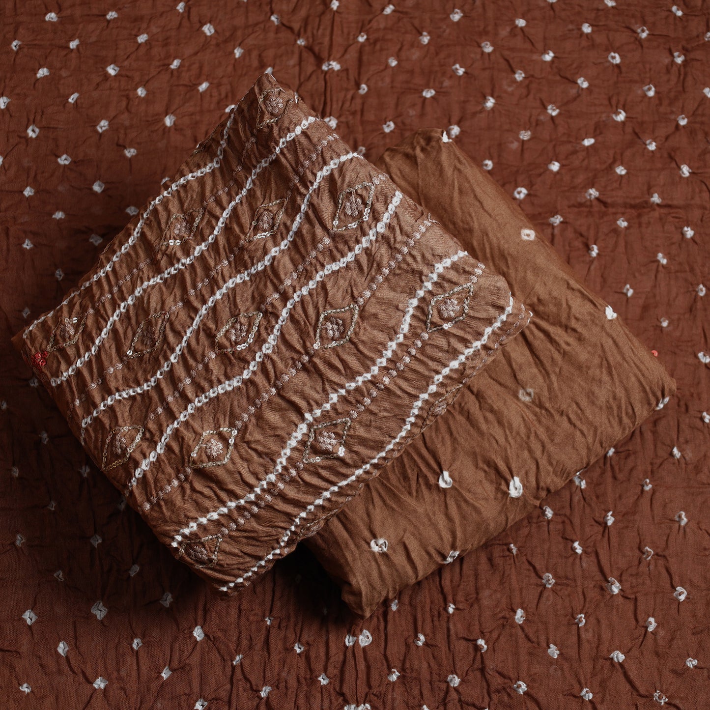 Brown - 3pc Kutch Bandhani Tie-Dye Sequin Work Satin Cotton Suit Material Set 75
