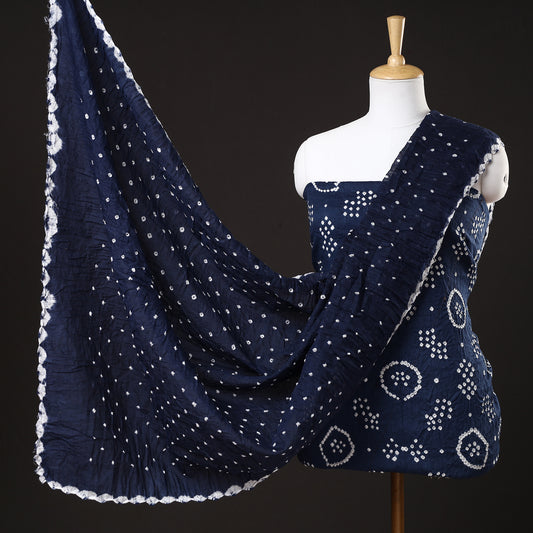 Blue - 3pc Kutch Bandhani Tie-Dye Satin Cotton Suit Material Set 90