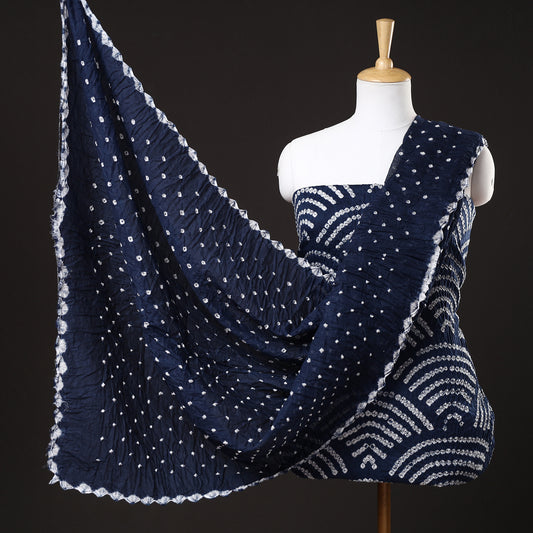 Blue - 3pc Kutch Bandhani Tie-Dye Satin Cotton Suit Material Set 91