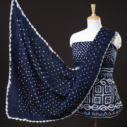 Blue - 3pc Kutch Bandhani Tie-Dye Satin Cotton Suit Material Set 92