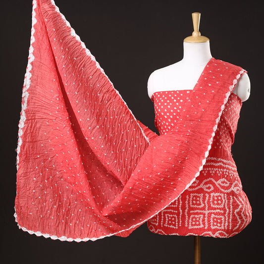 Orange - 3pc Kutch Bandhani Tie-Dye Satin Cotton Suit Material Set 95